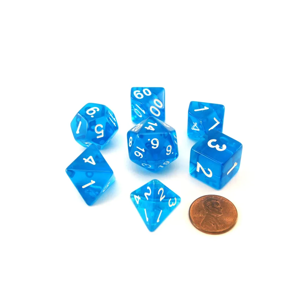 Pizza Dungeon Dice - 7 Dés Bleus Transparents avec Boîte Shaker