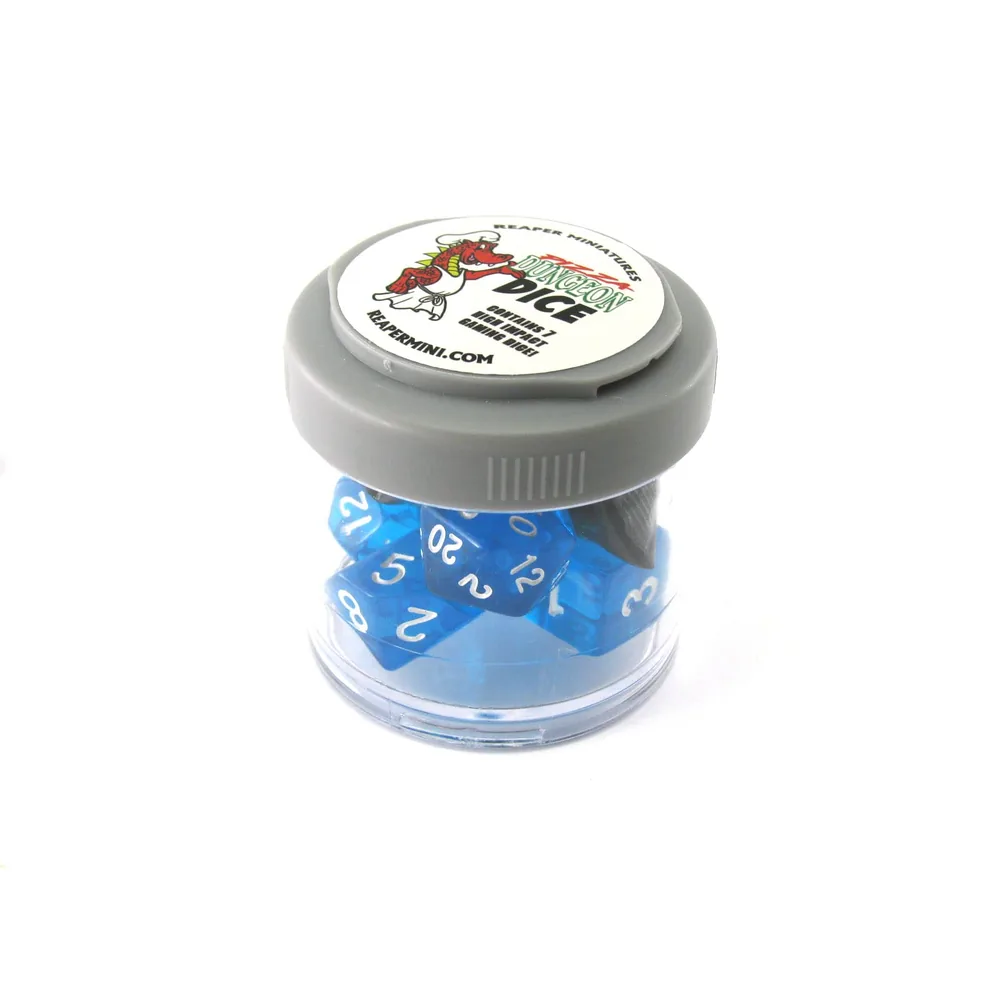 Pizza Dungeon Dice - 7 Dés Bleus Transparents avec Boîte Shaker