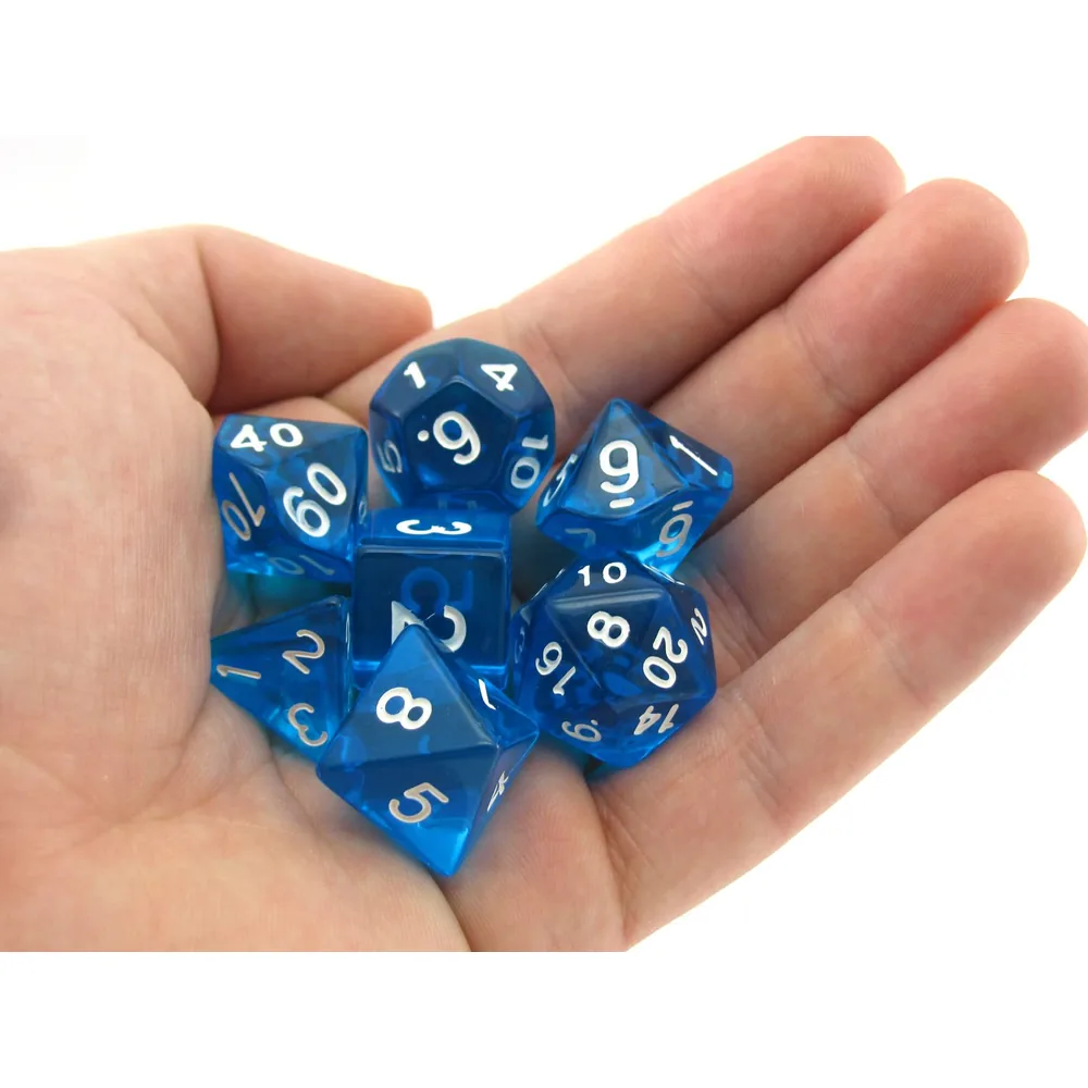 Pizza Dungeon Dice - 7 Dés Bleus Transparents avec Boîte Shaker