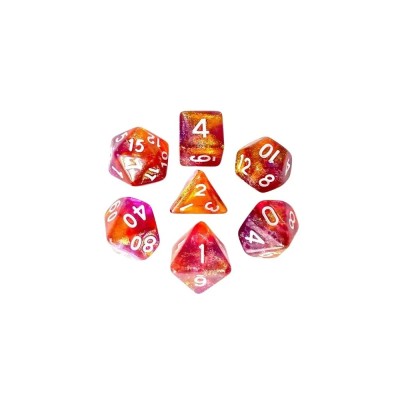 Lot de 7 dés en résine en boîte, violet et orange pailletés